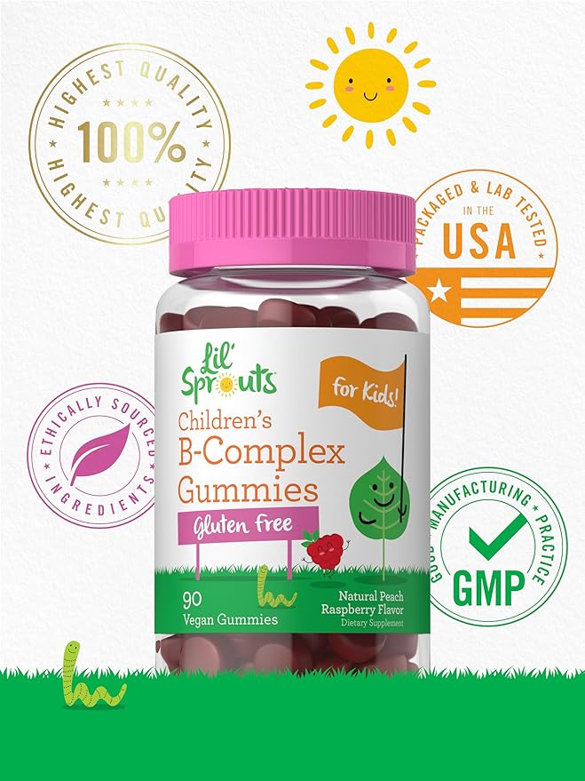 Carlyle Kids B Complex Gummies | 90 Count | Peach Raspberry Flavor | Non-GMO, Gluten Free & Vegan Supplement | Lil' Sprouts