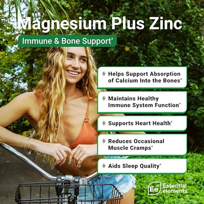 Essential Elements Magnesium & Zinc with Vitamin D3 for Sleep Immune & Bone Support - Magnesium Glycinate, Malate, Citrate 225mg - Triple Magnesium Supplement for Women and Men - 9 Month Supply