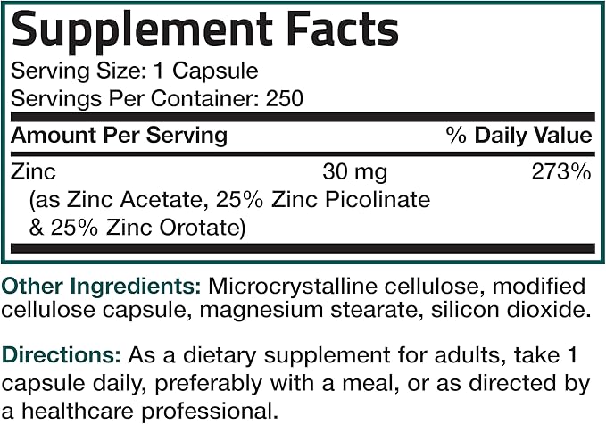 Bronson Zinc Triple Play 30 mg Triple Coverage Immune Support Zinc Supplement with Zinc Acetate, Picolinate & Orotate - Immune, Antioxidant & Skin Health Support - 250 Vegetarian Capsules