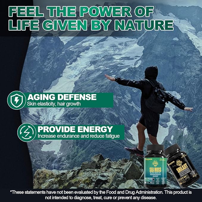 Boysea.Sea Moss and shilajit Bundle - 90 Count - Sea Moss 7000mg, Black Seed Oil 4000mg, Ashwagandha 2000mg, Ginger & Shilajit 9000mg, Rhodiola Rosea 1000mg, All in 1 Supplements (2 Pack)