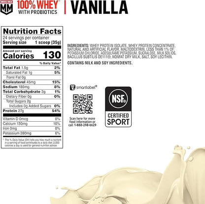 Muscle Milk 100% Whey With Probiotics Protein Powder, Vanilla, 1.85 Pound, 23 Servings, 27g Protein, 2g Sugar, 1B CFU Probiotics, Low in Fat, NSF Certified for Sport, Packaging May Vary