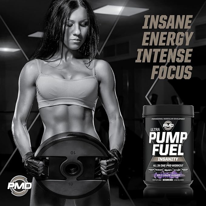 PMD Sports Ultra Pump Fuel Insanity - Pre Workout Drink for Energy, Strength, Endurance, Recovery - Complex Carbohydrates and Amino Energy - Wild Grape Gusher (30 Servings)