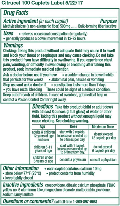 Citrucel Caplets Fiber Therapy for Occasional Constipation Relief, 100 count