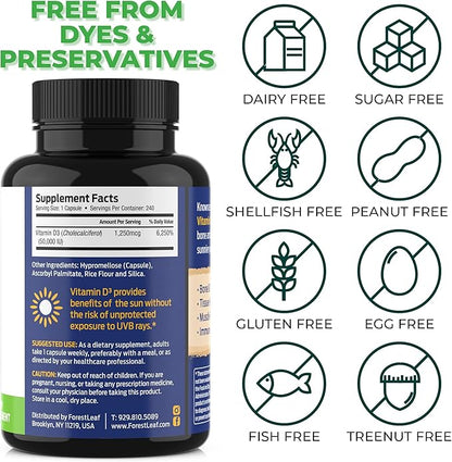 ForestLeaf Vitamin D3 50000 IU - Bone Health and Immune Support - Small Easy to Swallow Vegetable Capsules - Non-GMO Gluten Free VIT D - VIT D3 Vitamin D Supplements for Women and Men, 240 Count