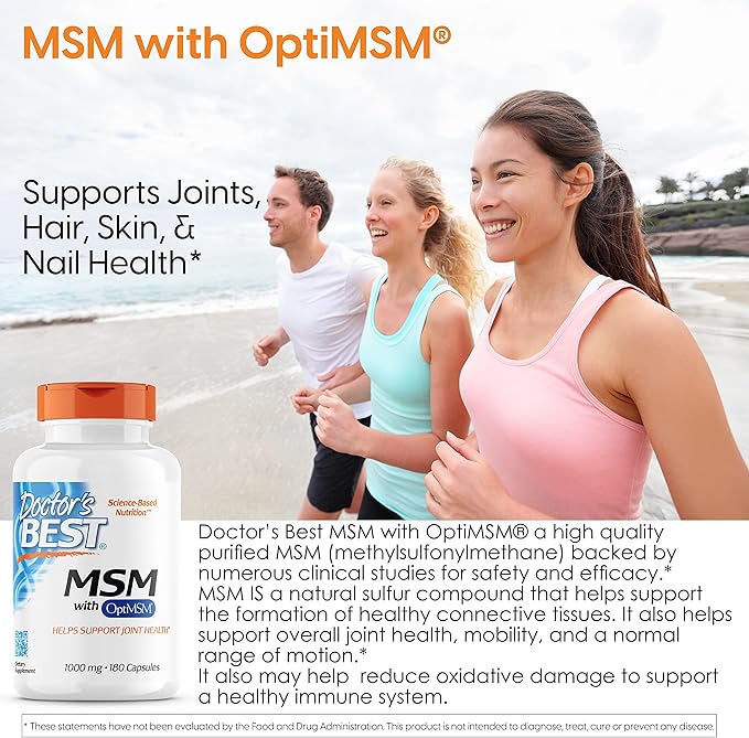 Doctor's Best MSM with OptiMSM, Joint Support, Immune System, Antioxidant and Protein-Building Role, Non-GMO, Gluten Free, 1000 mg, 180 Caps