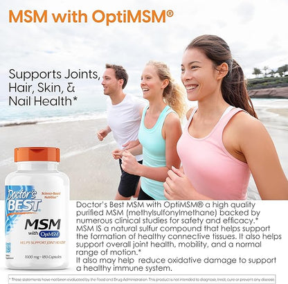 Doctor's Best MSM with OptiMSM, Joint Support, Immune System, Antioxidant and Protein-Building Role, Non-GMO, Gluten Free, 1000 mg, 180 Caps