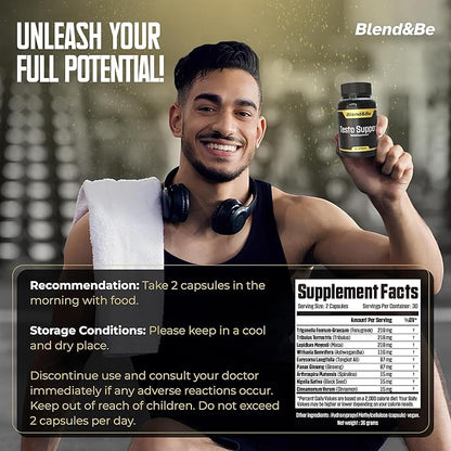 Blend&Be Testo Support | All-in-ONE Herbal Dietary Supplement | Tongkat Ali, Fenugreek, Ginseng, Maca, Ashwagandha, Spirulina Tribulus,Black Seed and Cinnamon.+ ★Free E-Book ★