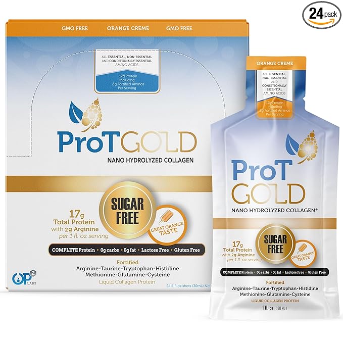 Liquid Collagen Protein Shot, 17g Clear Protein Nano-Hydrolyzed Grass Fed Collagen, 2g Arginine for Wound Support, Gluten Free, Sugar Free, 0g Carbs, Orange Creme, 1 fl oz, 24 Pack