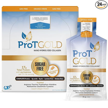 Liquid Collagen Protein Shot, 17g Clear Protein Nano-Hydrolyzed Grass Fed Collagen, 2g Arginine for Wound Support, Gluten Free, Sugar Free, 0g Carbs, Orange Creme, 1 fl oz, 24 Pack