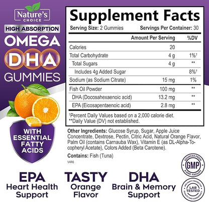 Omega 3 Fish Oil Gummies - Triple Strength Omega 3 Gummy Vitamins, High Absorption EPA & DHA Fatty Acids, for Heart Health & Brain Support, Nature's Fish Oil Supplement, Orange Flavor - 60 Gummies