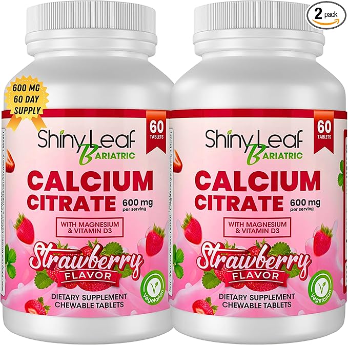 Shiny Leaf Bariatric Calcium Citrate 600mg - Calcium Supplement for Bariatric Patients, 120 Ct Chewable Tablets with Magnesium, Vitamin D3, Natural Strawberry Flavor, Vegetarian Formula (2 Months)