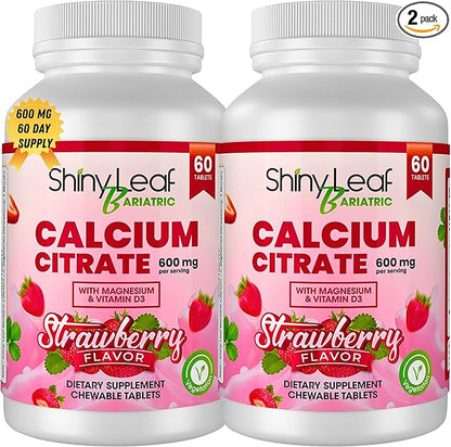 Shiny Leaf Bariatric Calcium Citrate 600mg - Calcium Supplement for Bariatric Patients, 120 Ct Chewable Tablets with Magnesium, Vitamin D3, Natural Strawberry Flavor, Vegetarian Formula (2 Months)