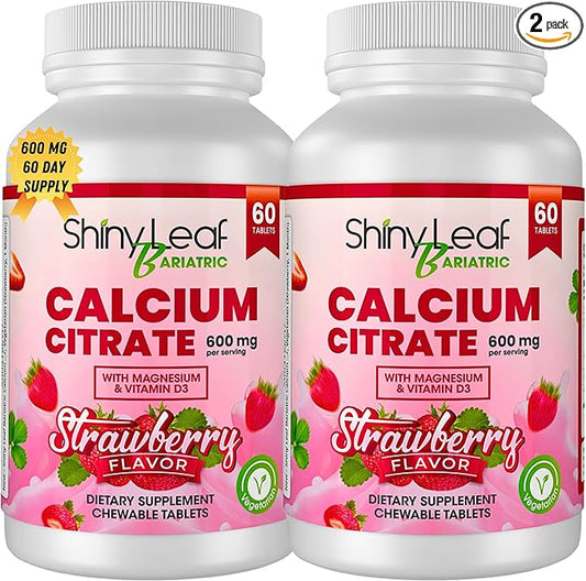 Shiny Leaf Bariatric Calcium Citrate 600mg - Calcium Supplement for Bariatric Patients, 120 Ct Chewable Tablets with Magnesium, Vitamin D3, Natural Strawberry Flavor, Vegetarian Formula (2 Months)