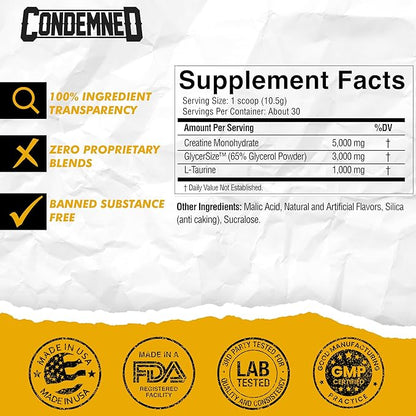 CONDEMNED Labz Locked Down | Creatine Performance Complex | Creatine Monohydrate, Glycerol, Taurine | Enhanced Hydration, Energy & Stamina | 30 Servings (Lemon Lime)