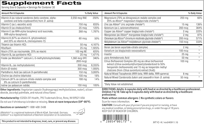 Klaire Labs MultiThera 1 Plus K Iron-Free Multivitamin & Multimineral Capsule Formula with Vitamin K1 & K2 - High Potency with Active Folate, No Iron (180 Capsules)