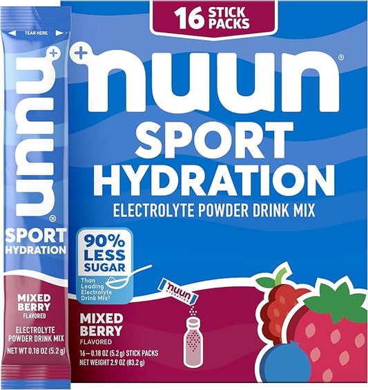 Nuun Sport Electrolyte Powder Packets - Mixed Berry Flavor | 5 Essential Electrolytes for Hydration | Easy Open Drink Mix with Magnesium | 1g Sugar | Non GMO, Vegan | 16 Single Serving Sticks