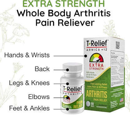T-Relief Extra Strength Arthritis Pain Reliever Arnica +12 Natural Medicines for Joint Soreness Stiffness Aches, Quick Dissolving Pain Relief for Women & Men - 100 Tablets