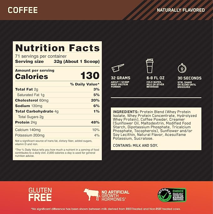 Optimum Nutrition Gold Standard 100% Whey Protein Powder, Coffee, 5 Pound (Packaging May Vary)