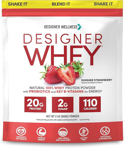 Designer Wellness, Designer Whey, Natural Whey Protein Powder with Probiotics, Fiber, and Key B-Vitamins for Energy, Gluten-Free, Summer Strawberry, 2 lb