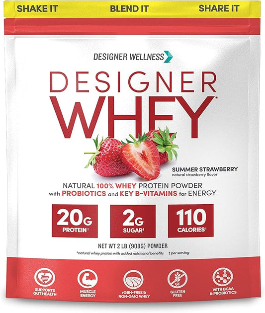 Designer Wellness, Designer Whey, Natural Whey Protein Powder with Probiotics, Fiber, and Key B-Vitamins for Energy, Gluten-Free, Summer Strawberry, 2 lb
