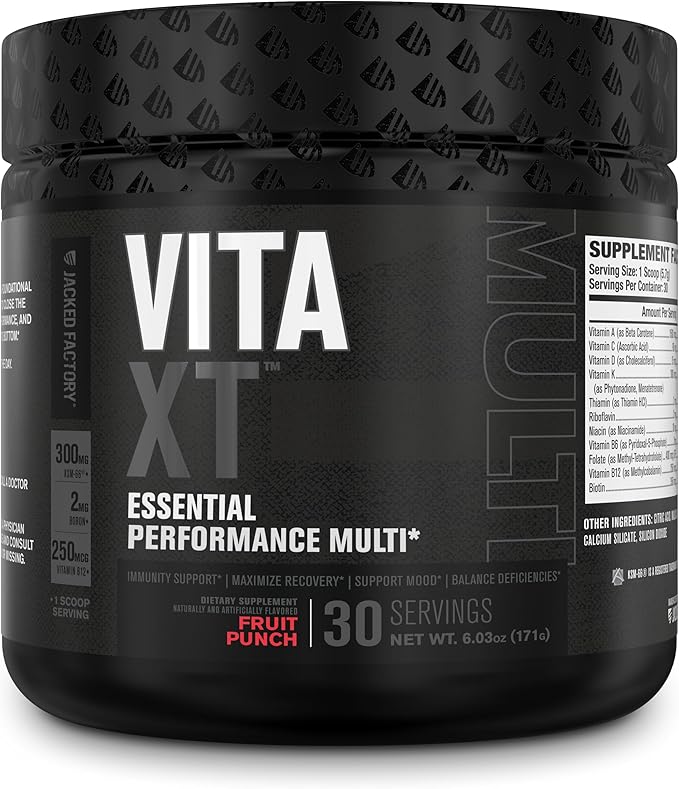 Jacked Factory Vita XT Performance Vitamin Powder - Daily Multivitamin Powder for Men with KSM-66 Ashwagandha, Prebiotic Fiber, Vitamin A, C, D, K, B6, B12, & More - Fruit Punch, 30Sv