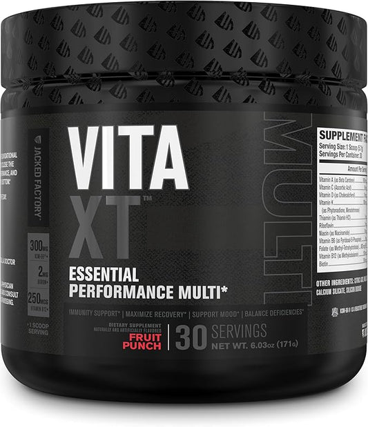 Jacked Factory Vita XT Performance Vitamin Powder - Daily Multivitamin Powder for Men with KSM-66 Ashwagandha, Prebiotic Fiber, Vitamin A, C, D, K, B6, B12, & More - Fruit Punch, 30Sv