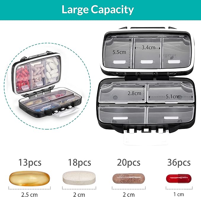 Fullicon Portable Pill Organizer Weekly, Small Travel Pill Case with 7 Compartment, Moistureproof and Airtight Pill Box, Travel Pill Holder for Vitamins/Fish Oils/Supplements
