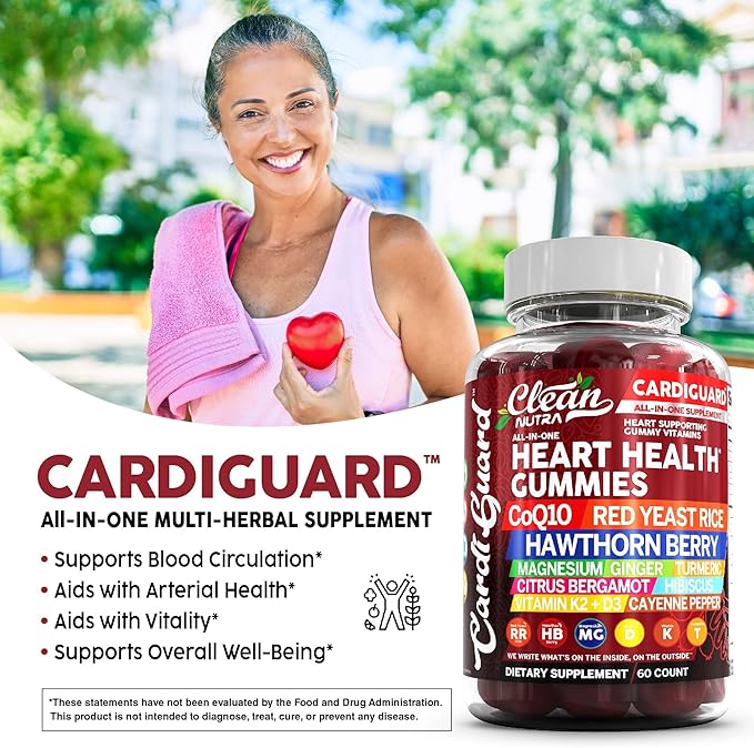 Coq10 Gummies | Red Yeast Rice Hawthorn Berry Ginger Turmeric Citrus Bergamot Hibiscus Vitamin K2+D3 Magnesium Glycinate Cayenne Pepper Fenugreek Orange Flavor CardiGuard by Clean Nutra