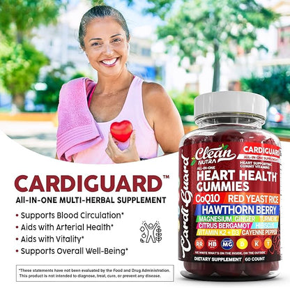 Coq10 Gummies | Red Yeast Rice Hawthorn Berry Ginger Turmeric Citrus Bergamot Hibiscus Vitamin K2+D3 Magnesium Glycinate Cayenne Pepper Fenugreek Orange Flavor CardiGuard by Clean Nutra