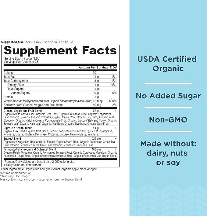 Organic SuperGreens Energizer Powder with Probiotics and B12 by Ancient Nutrition, Made from Real Fruits, Vegetables and Herbs, for Digestive, Detoxification and Energy Support, 25 Servings