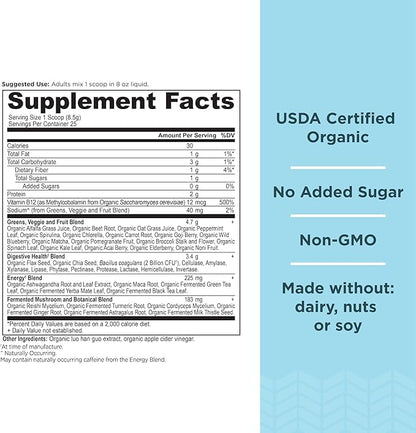 Organic SuperGreens Energizer Powder with Probiotics and B12 by Ancient Nutrition, Made from Real Fruits, Vegetables and Herbs, for Digestive, Detoxification and Energy Support, 25 Servings