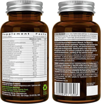 Methylated Women's Multivitamin, Methyl Folate for MTHFR, Clean Label & Vegan, with Iron, Non-GMO, Sustained Release, 180 Tablets, by Igennus