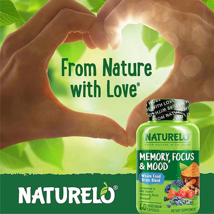 NATURELO Brain Supplement – Whole Food Brain Health Supplement for Memory and Focus Support, Enhance Brain Health Blend Supplement for Adults – 60 Vegetarian Capsules