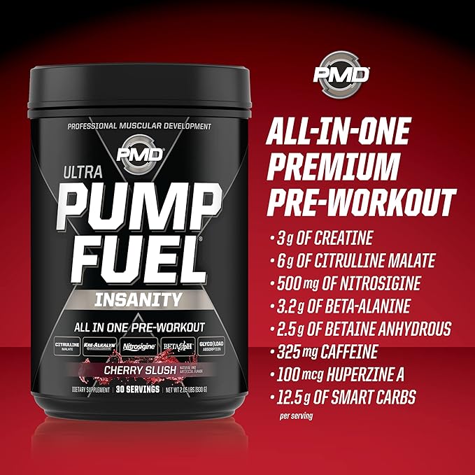PMD Sports Ultra Pump Fuel Insanity - Pre Workout Drink Mix for Energy, Strength, Endurance, Recovery - Complex Carbohydrates and Amino Energy - Cherry Slush (30 Servings)