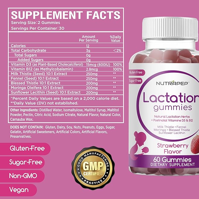 Lactation and Postnatal Support Gummies - Milk Production Supply Increase Supplements for Breastfeeding Women - with Vitamins D3 B12 Milk Thistle Fennel Seed Moringa Sunflower Lecithin