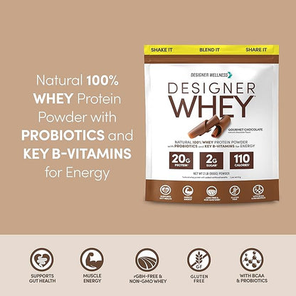 Designer Wellness, Designer Whey, Natural Whey Protein Powder with Probiotics, Fiber, and Key B-Vitamins for Energy, Gluten-Free, Gourmet Chocolate, 2 lb