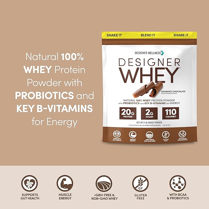 Designer Wellness, Designer Whey, Natural Whey Protein Powder with Probiotics, Fiber, and Key B-Vitamins for Energy, Gluten-Free, Gourmet Chocolate, 2 lb