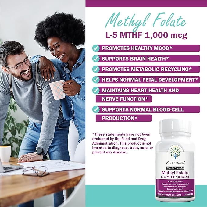 Methylfolate MTHRF Supplement - 1000 mcg Bioactive Vitamin B9 (5-MTHF) - Supports Pregnancy & Fetal Health - 60 Capsules - Gluten-Free