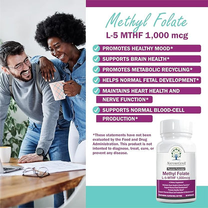 Methylfolate MTHRF Supplement - 1000 mcg Bioactive Vitamin B9 (5-MTHF) - Supports Pregnancy & Fetal Health - 60 Capsules - Gluten-Free