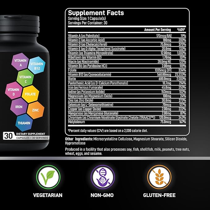 Bariatric Multivitamin with Iron For Women & Men - Post Gastric Bypass Vitamins and Gastric Sleeve Bariatric Iron Vitamin Multivitamins -Non-GMO, Gluten-Free -One a Day, 30 Bariatric Vitamins Capsules