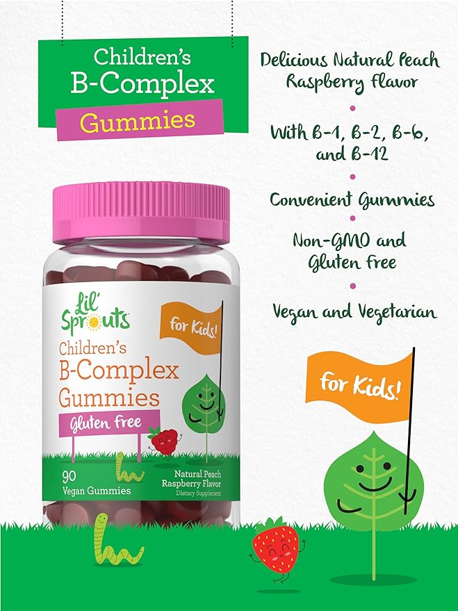 Carlyle Kids B Complex Gummies | 90 Count | Peach Raspberry Flavor | Non-GMO, Gluten Free & Vegan Supplement | Lil' Sprouts