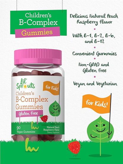 Carlyle Kids B Complex Gummies | 90 Count | Peach Raspberry Flavor | Non-GMO, Gluten Free & Vegan Supplement | Lil' Sprouts