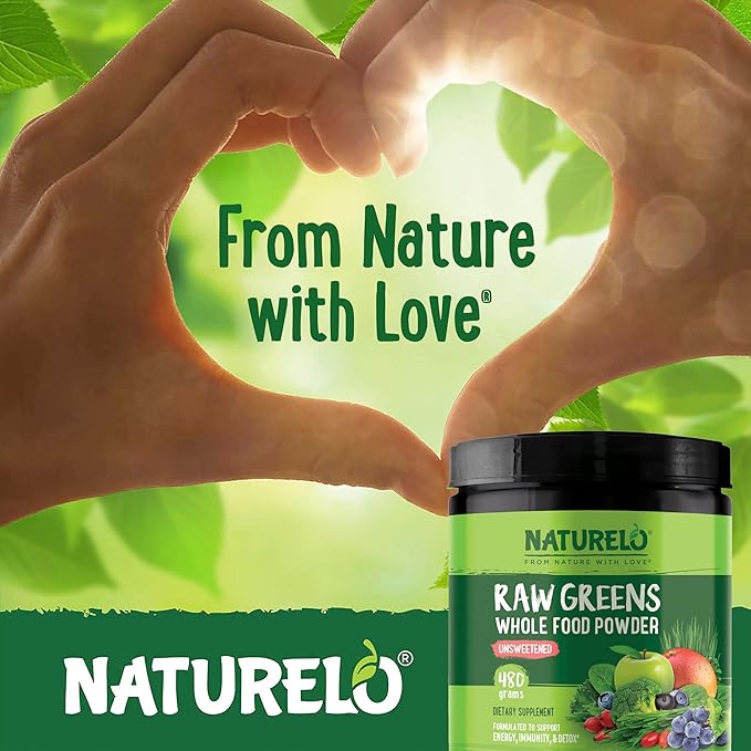 NATURELO Raw Greens Superfood Powder - Unsweetened - Boost Energy, Detox, Enhance Health - Organic Spirulina - Wheat Grass - Whole Food Nutrition from Fruits & Vegetables - 480 Grams