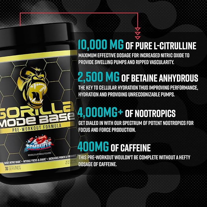 Gorilla Mode Base Pre Workout - Raises Nitric Oxide · Intense Focus & Drive · Endurance · Power - L-Citrulline, L-Tyrosine, Betaine, Alpha-GPC, Caffeine, Huperzine A - 360 Grams (Watermelon)