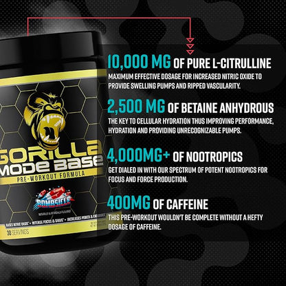 Gorilla Mode Base Pre Workout - Raises Nitric Oxide · Intense Focus & Drive · Endurance · Power - L-Citrulline, L-Tyrosine, Betaine, Alpha-GPC, Caffeine, Huperzine A - 360 Grams (Volcano Burst)