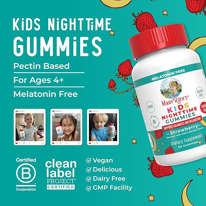 MaryRuth's Kids Nighttime Gummies | Sugar Free | NO Melatonin Gummies with L Theanine, Lemon Balm, Chamomile, Vitamin B6 | Relaxation Support for Kids 2+ | Vegan | Non-GMO | Gluten Free | 60 Count