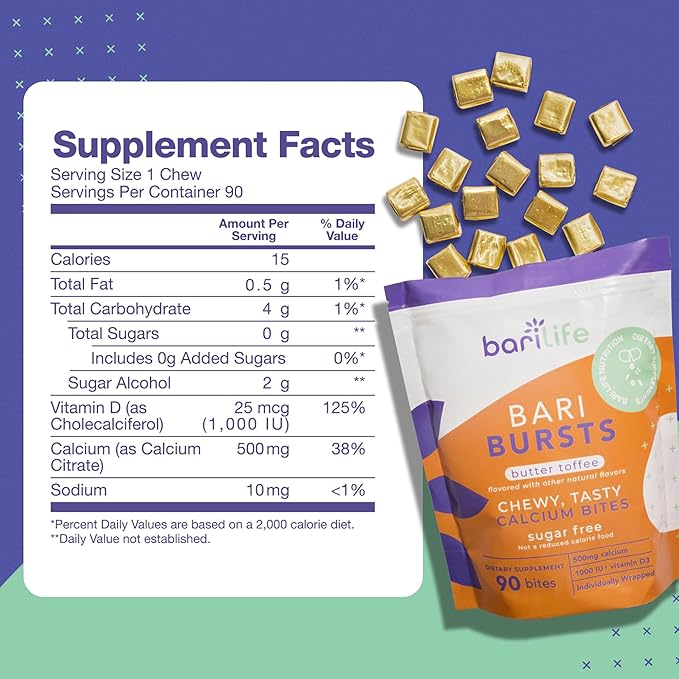 Bari Life Calcium Citrate Bariatric Calcium Chews with 1000 IU Vitamin D3 - Ideal for Bariatric Patients - BariBurst (Butter Toffee)