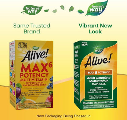 Nature's Way Alive! Max6 Potency Adult Complete Multivitamin, with Iron, Vitamins A, C, E & B-Vitamins Including Methylated B12 & Folate, Supports Energy Metabolism*, 90 Capsules (Packaging May Vary)