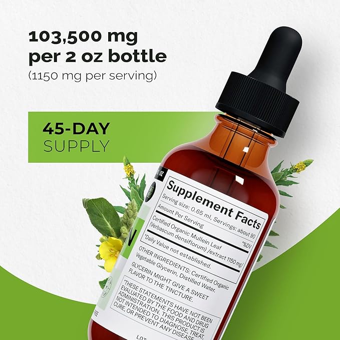 Mullein Leaf Liquid Extract 2 Fl Oz (Pack of 2) - Extra Strenght | Advanced Formula - Natural Supplement Liquid Tincture - Lung Cleanse and Detox - Respiratory Health and Immune Support Drops