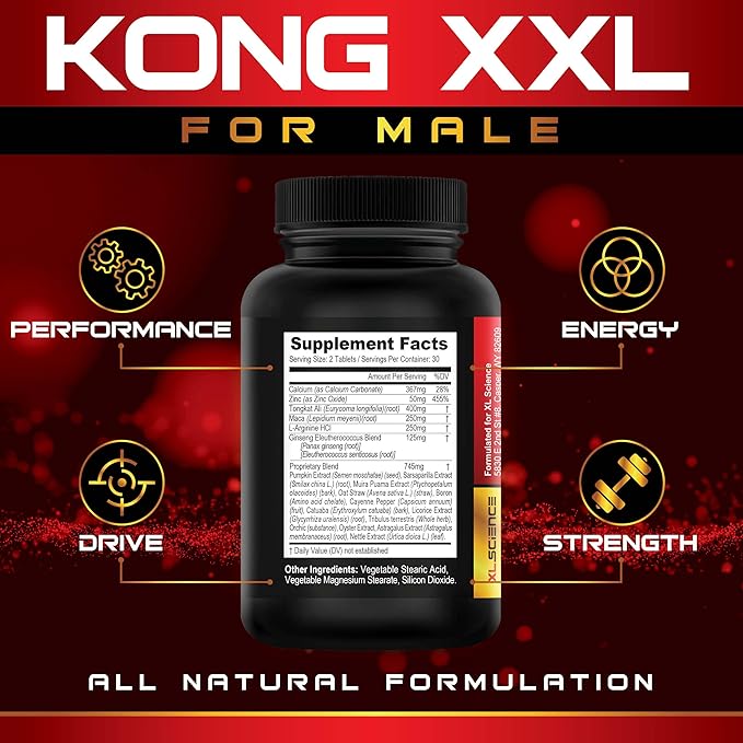Kong XXL- Ultimate Male Performance and Enlargement Pills for Men- Add 3-6” in 60 Days- Enhanced Size, Drive, Strength and Endurance - Boost Performance- 60 Tablets